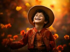 Mexicaans kind in emotioneel dynamisch houding Aan herfst achtergrond ai generatief foto