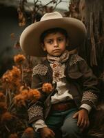 Mexicaans kind in emotioneel dynamisch houding Aan herfst achtergrond ai generatief foto