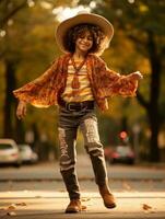 Mexicaans kind in emotioneel dynamisch houding Aan herfst achtergrond ai generatief foto