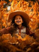 Mexicaans kind in emotioneel dynamisch houding Aan herfst achtergrond ai generatief foto