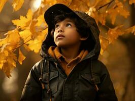 Mexicaans kind in emotioneel dynamisch houding Aan herfst achtergrond ai generatief foto