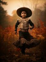 Mexicaans kind in emotioneel dynamisch houding Aan herfst achtergrond ai generatief foto