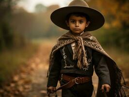 Mexicaans kind in emotioneel dynamisch houding Aan herfst achtergrond ai generatief foto