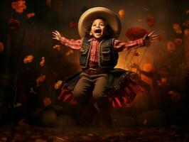 Mexicaans kind in emotioneel dynamisch houding Aan herfst achtergrond ai generatief foto