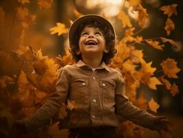 Mexicaans kind in emotioneel dynamisch houding Aan herfst achtergrond ai generatief foto