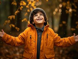 Mexicaans kind in emotioneel dynamisch houding Aan herfst achtergrond ai generatief foto