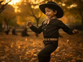 Mexicaans kind in emotioneel dynamisch houding Aan herfst achtergrond ai generatief foto