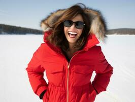 vrouw geniet in de winter dag in emotioneel speels houding ai generatief foto