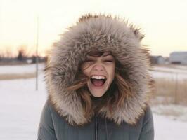 vrouw geniet in de winter dag in emotioneel speels houding ai generatief foto