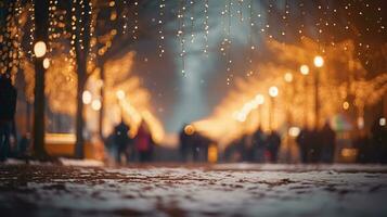 generatief ai, Kerstmis eerlijk wazig achtergrond, winter straat markt in Europa foto