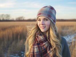 vrouw geniet in de winter dag in emotioneel speels houding ai generatief foto