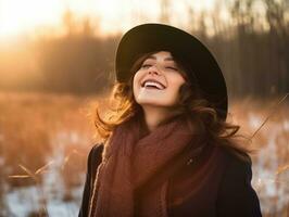 vrouw geniet in de winter dag in emotioneel speels houding ai generatief foto