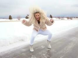 vrouw geniet in de winter dag in emotioneel speels houding ai generatief foto