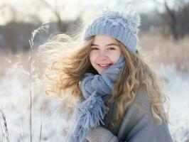 vrouw geniet in de winter dag in emotioneel speels houding ai generatief foto