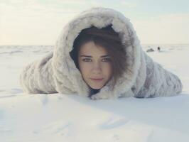 vrouw geniet in de winter dag in emotioneel speels houding ai generatief foto