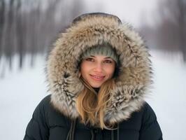 vrouw geniet in de winter dag in emotioneel speels houding ai generatief foto