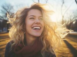 vrouw geniet in de winter dag in emotioneel speels houding ai generatief foto