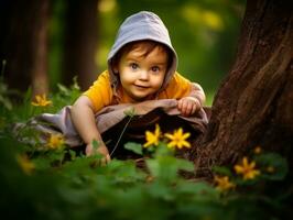 aanbiddelijk baby verkennen de natuur ai generatief foto