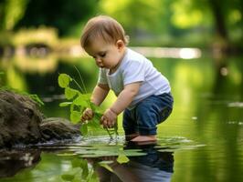 aanbiddelijk baby verkennen de natuur ai generatief foto