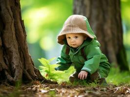 aanbiddelijk baby verkennen de natuur ai generatief foto