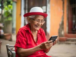 oud vrouw van Colombia gebruik makend van een smartphone voor online communicatie ai generatief foto