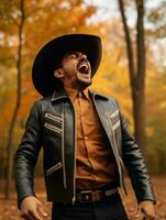 foto van emotioneel dynamisch houding Mexicaans Mens in herfst ai generatief