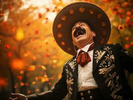 foto van emotioneel dynamisch houding Mexicaans Mens in herfst ai generatief