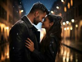 liefhebbend paar is genieten van een romantisch winter dag ai generatief foto