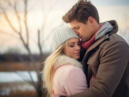 liefhebbend paar is genieten van een romantisch winter dag ai generatief foto