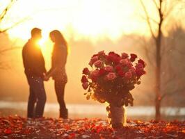 liefhebbend paar is genieten van een romantisch winter dag ai generatief foto