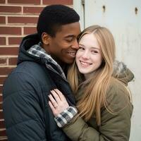 liefhebbend tiener- interraciaal paar is genieten van een romantisch winter dag ai generatief foto