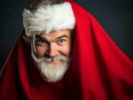 Mens gekleed net zo de kerstman claus in speels houding Aan solide achtergrond ai generatief foto