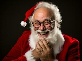 Mens gekleed net zo de kerstman claus in speels houding Aan solide achtergrond ai generatief foto