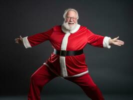 Mens gekleed net zo de kerstman claus in speels houding Aan solide achtergrond ai generatief foto