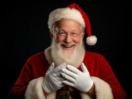 Mens gekleed net zo de kerstman claus in speels houding Aan solide achtergrond ai generatief foto