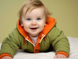 aanbiddelijk baby met levendig kleding in een speels houding ai generatief foto