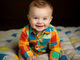 aanbiddelijk baby met levendig kleding in een speels houding ai generatief foto