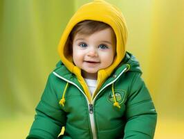 aanbiddelijk baby met levendig kleding in een speels houding ai generatief foto