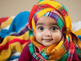 aanbiddelijk baby met levendig kleding in een speels houding ai generatief foto