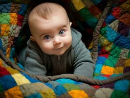 aanbiddelijk baby met levendig kleding in een speels houding ai generatief foto