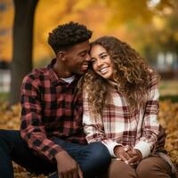 liefhebbend tiener- interraciaal paar is genieten van een romantisch herfst dag ai generatief foto