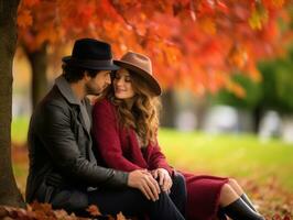 liefhebbend paar is genieten van een romantisch herfst dag ai generatief foto