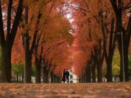 liefhebbend paar is genieten van een romantisch herfst dag ai generatief foto