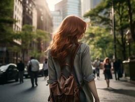 vrouw geniet een ontspannen wandelen in de hart van de stad ai generatief foto
