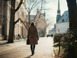 vrouw geniet een ontspannen wandelen in de hart van de stad ai generatief foto