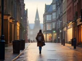 vrouw geniet een ontspannen wandelen in de hart van de stad ai generatief foto