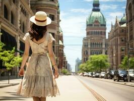 vrouw geniet een ontspannen wandelen in de hart van de stad ai generatief foto