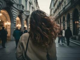 vrouw geniet een ontspannen wandelen in de hart van de stad ai generatief foto