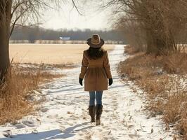 vrouw geniet een ontspannen wandelen in de winter dag ai generatief foto