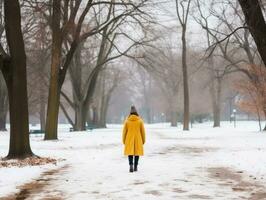 vrouw geniet een ontspannen wandelen in de winter dag ai generatief foto